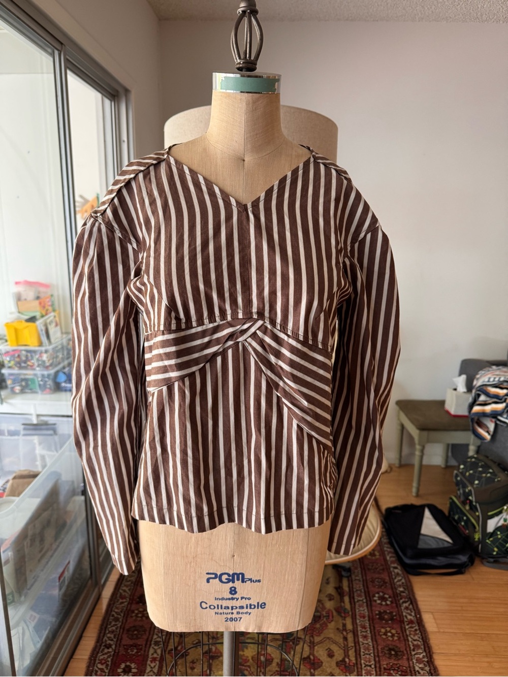 Women’s Brown & White Stripe V-Neck Gathered Front Blouse